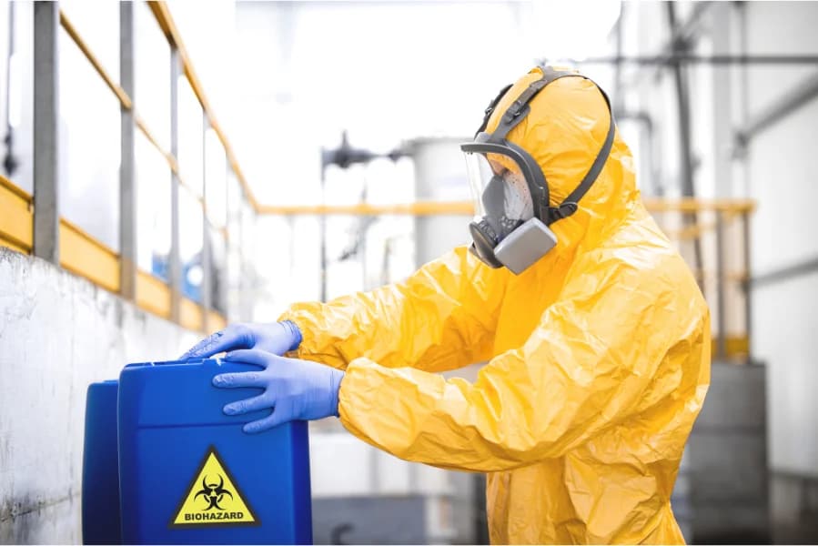 Biohazard cleanup technician in protective equipment